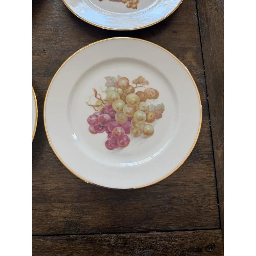 Josef Kuba Vintage Western Germany Fruit Plates Set of 6 Gold Trim Porcelain 8